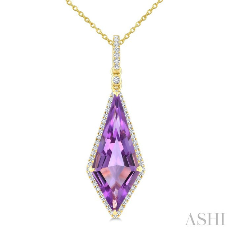 22X9 MM Kite Shape Amethyst and 1/4 Ctw Round Cut Diamond Semi-Precious Pendant With Chain in 14K Yellow Gold