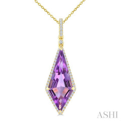 22X9 MM Kite Shape Amethyst and 1/4 Ctw Round Cut Diamond Semi-Precious Pendant With Chain in 14K Yellow Gold