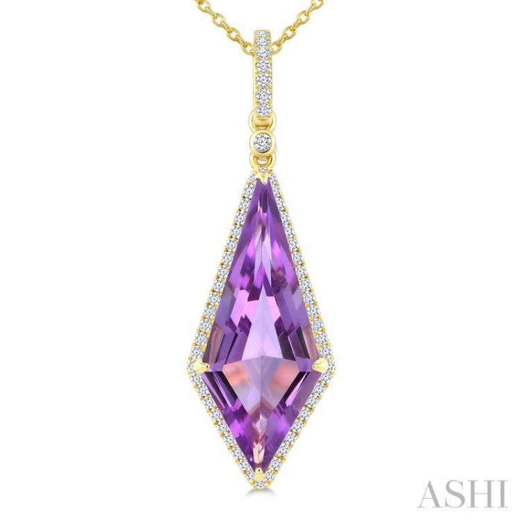 22X9 MM Kite Shape Amethyst and 1/4 Ctw Round Cut Diamond Semi-Precious Pendant With Chain in 14K Yellow Gold
