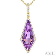 22X9 MM Kite Shape Amethyst and 1/4 Ctw Round Cut Diamond Semi-Precious Pendant With Chain in 14K Yellow Gold