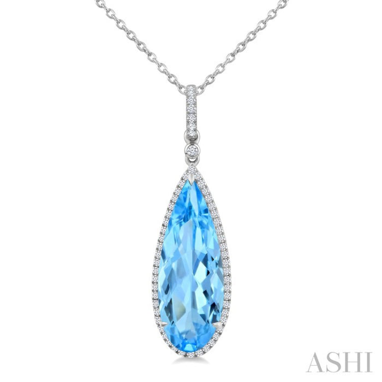 22X8 MM Pear Shape Blue Topaz and 1/4 Ctw Round Cut Diamond Semi-Precious Pendant With Chain in 14K White Gold