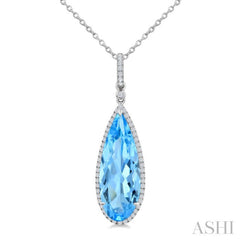 22X8 MM Pear Shape Blue Topaz and 1/4 Ctw Round Cut Diamond Semi-Precious Pendant With Chain in 14K White Gold