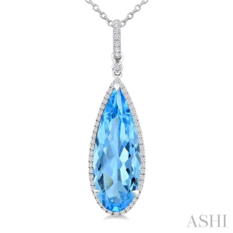 22X8 MM Pear Shape Blue Topaz and 1/4 Ctw Round Cut Diamond Semi-Precious Pendant With Chain in 14K White Gold
