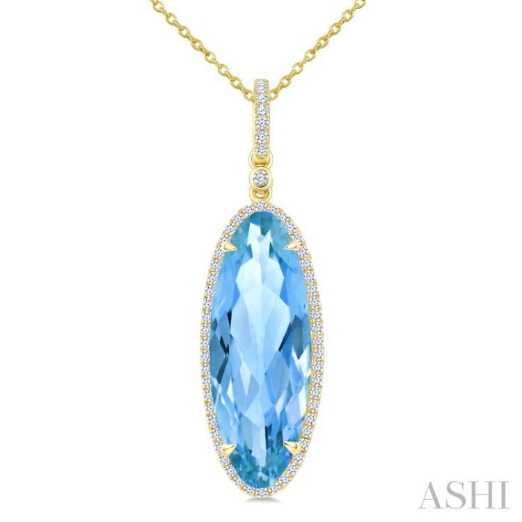 22X8 MM Oval Shape Blue Topaz and 1/4 Ctw Round Cut Diamond Semi-Precious Pendant With Chain in 14K Yellow Gold