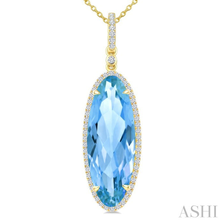 22X8 MM Oval Shape Blue Topaz and 1/4 Ctw Round Cut Diamond Semi-Precious Pendant With Chain in 14K Yellow Gold