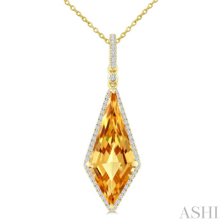22X9 MM Kite Shape Citrine and 1/4 Ctw Round Cut Diamond Semi-Precious Pendant With Chain in 14K Yellow Gold