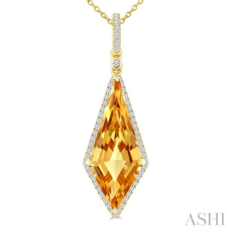22X9 MM Kite Shape Citrine and 1/4 Ctw Round Cut Diamond Semi-Precious Pendant With Chain in 14K Yellow Gold