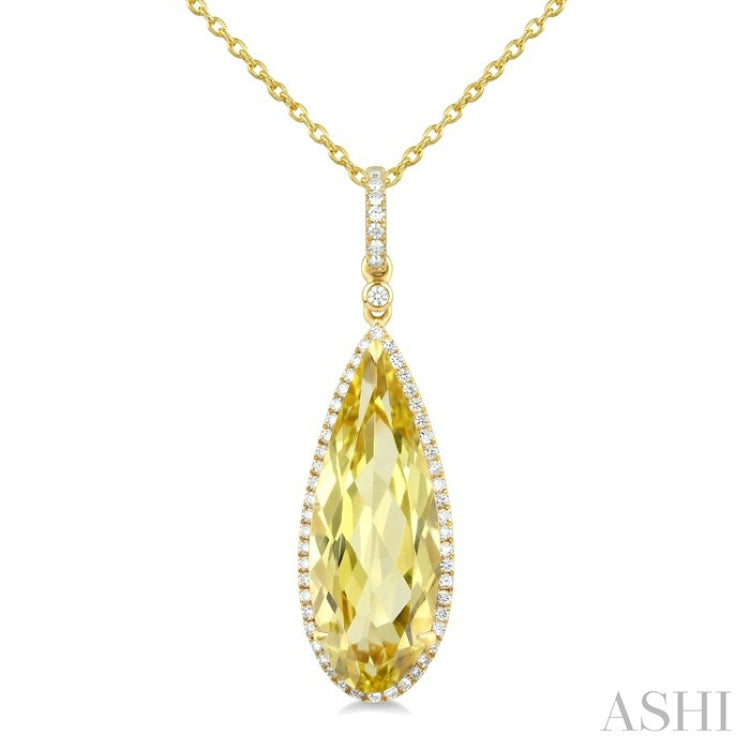 22X8 MM Pear Shape Lemon Quartz and 1/4 Ctw Round Cut Diamond Semi-Precious Pendant With Chain in 14K Yellow Gold
