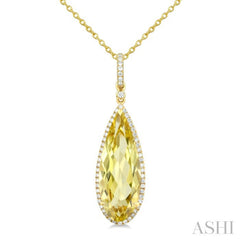 22X8 MM Pear Shape Lemon Quartz and 1/4 Ctw Round Cut Diamond Semi-Precious Pendant With Chain in 14K Yellow Gold