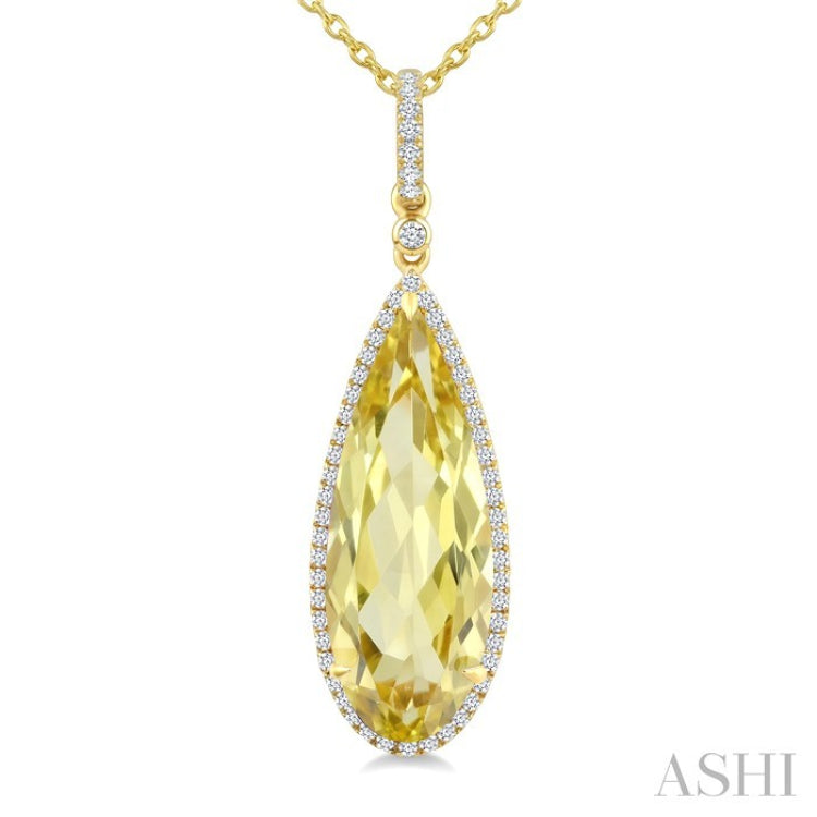 22X8 MM Pear Shape Lemon Quartz and 1/4 Ctw Round Cut Diamond Semi-Precious Pendant With Chain in 14K Yellow Gold