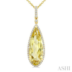 22X8 MM Pear Shape Lemon Quartz and 1/4 Ctw Round Cut Diamond Semi-Precious Pendant With Chain in 14K Yellow Gold