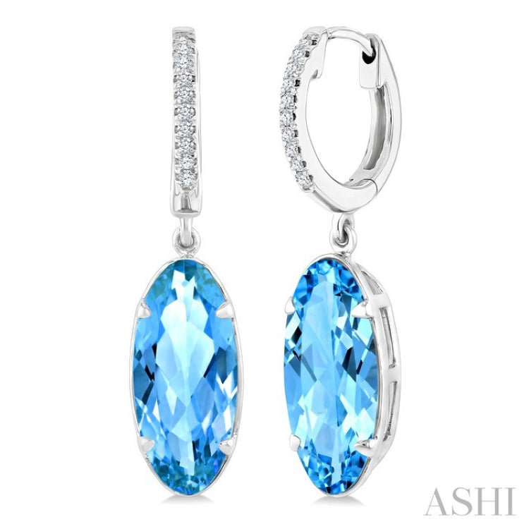 14X6 MM Oval Shape Blue Topaz and 1/10 Ctw Round Cut Diamond Semi-Precious Earrings in 14K White Gold