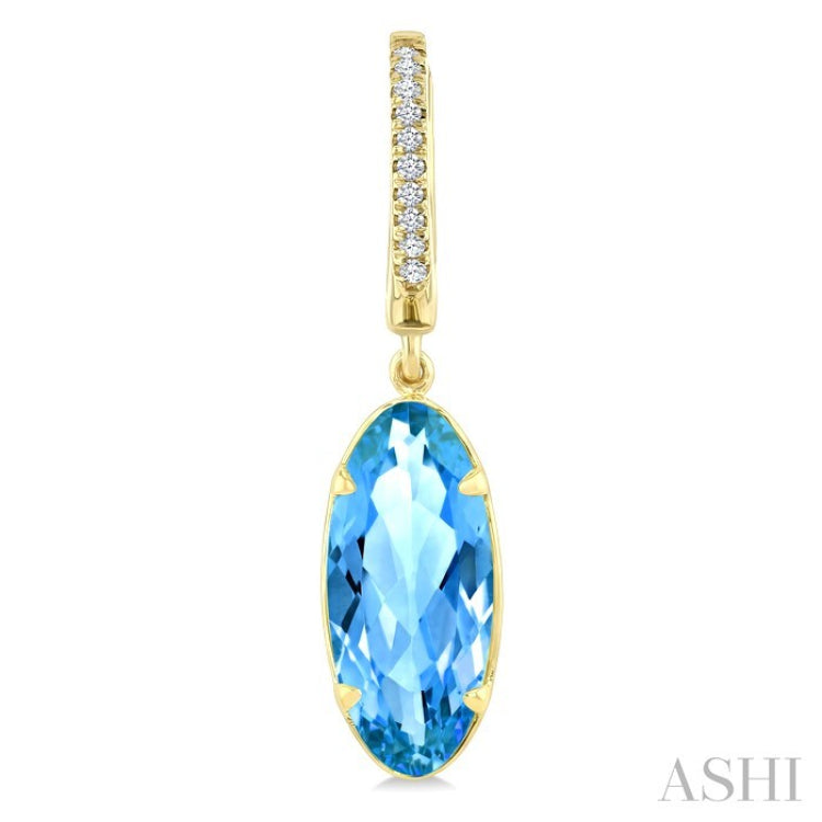 14X6 MM Oval Shape Blue Topaz and 1/10 Ctw Round Cut Diamond Semi-Precious Earrings in 14K Yellow Gold