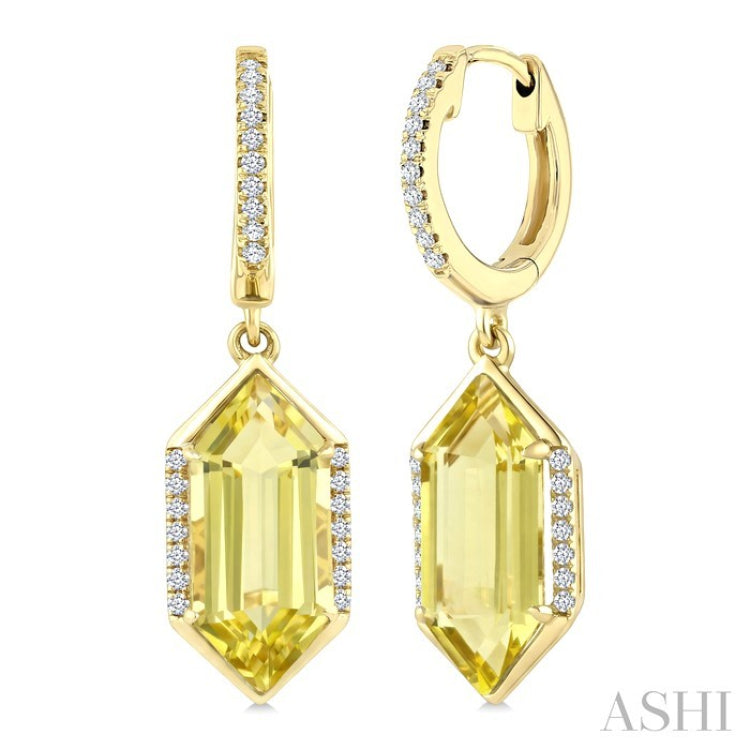 14X6 MM Hexagon Shape Lemon Quartz and 1/5 Ctw Round Cut Diamond Semi-Precious Earrings in 14K Yellow Gold