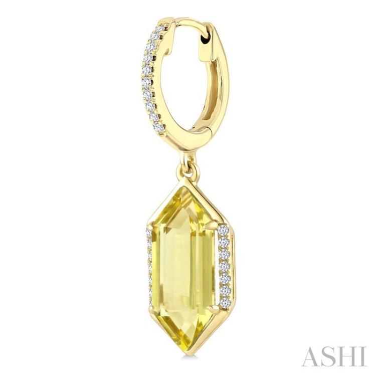 14X6 MM Hexagon Shape Lemon Quartz and 1/5 Ctw Round Cut Diamond Semi-Precious Earrings in 14K Yellow Gold