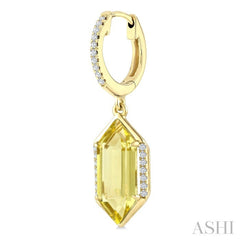 14X6 MM Hexagon Shape Lemon Quartz and 1/5 Ctw Round Cut Diamond Semi-Precious Earrings in 14K Yellow Gold