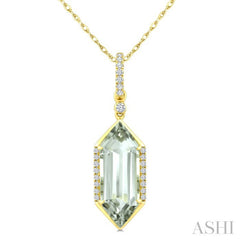 16X6 MM Hexagon Shape Green Amethyst and 1/10 Ctw Round Cut Diamond Semi-Precious Pendant With Chain in 10K Yellow Gold