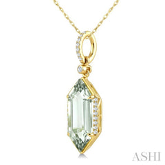 16X6 MM Hexagon Shape Green Amethyst and 1/10 Ctw Round Cut Diamond Semi-Precious Pendant With Chain in 10K Yellow Gold