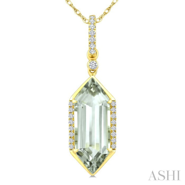 16X6 MM Hexagon Shape Green Amethyst and 1/10 Ctw Round Cut Diamond Semi-Precious Pendant With Chain in 10K Yellow Gold