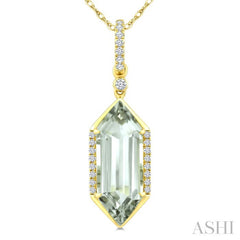 16X6 MM Hexagon Shape Green Amethyst and 1/10 Ctw Round Cut Diamond Semi-Precious Pendant With Chain in 10K Yellow Gold