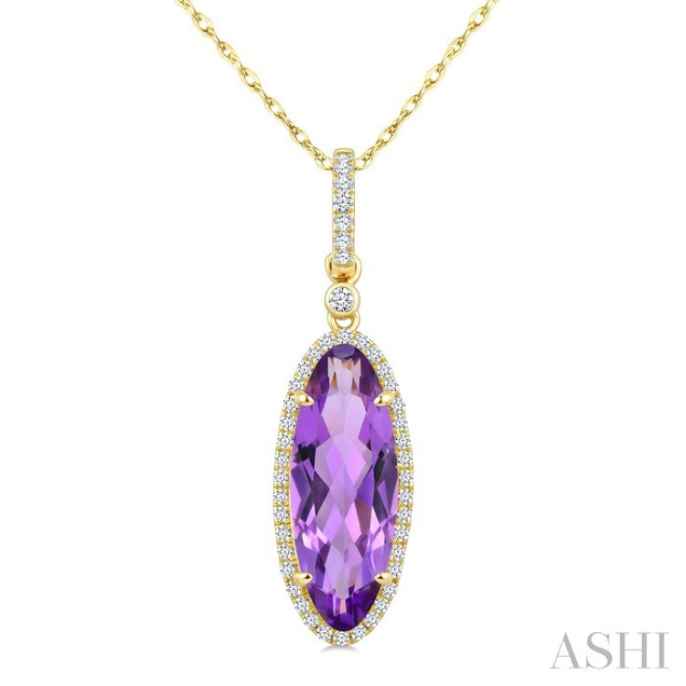 16X6 MM Oval Shape Amethyst and 1/5 Ctw Round Cut Diamond Semi-Precious Pendant With Chain in 10K Yellow Gold