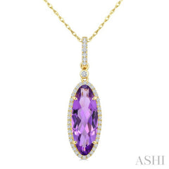 16X6 MM Oval Shape Amethyst and 1/5 Ctw Round Cut Diamond Semi-Precious Pendant With Chain in 10K Yellow Gold