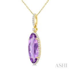 16X6 MM Oval Shape Amethyst and 1/5 Ctw Round Cut Diamond Semi-Precious Pendant With Chain in 10K Yellow Gold