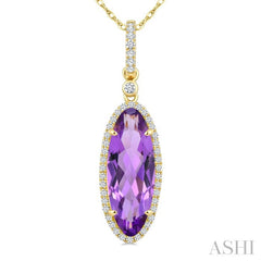 16X6 MM Oval Shape Amethyst and 1/5 Ctw Round Cut Diamond Semi-Precious Pendant With Chain in 10K Yellow Gold