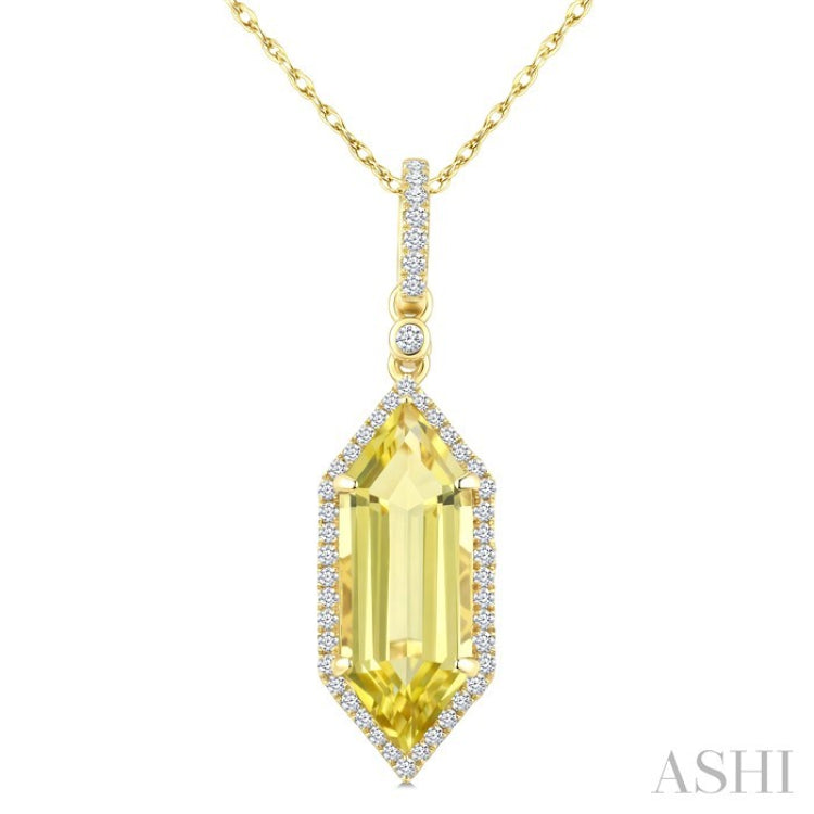 16X6 MM Hexagon Shape Lemon Quartz and 1/5 Ctw Round Cut Diamond Semi-Precious Pendant With Chain in 10K Yellow Gold