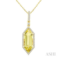 16X6 MM Hexagon Shape Lemon Quartz and 1/5 Ctw Round Cut Diamond Semi-Precious Pendant With Chain in 10K Yellow Gold