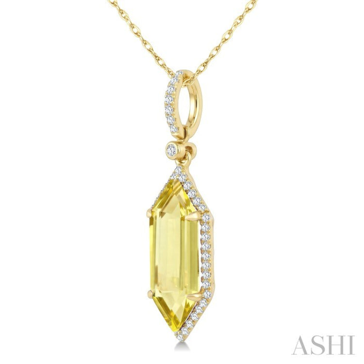 16X6 MM Hexagon Shape Lemon Quartz and 1/5 Ctw Round Cut Diamond Semi-Precious Pendant With Chain in 10K Yellow Gold