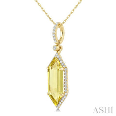 16X6 MM Hexagon Shape Lemon Quartz and 1/5 Ctw Round Cut Diamond Semi-Precious Pendant With Chain in 10K Yellow Gold