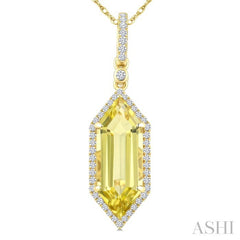 16X6 MM Hexagon Shape Lemon Quartz and 1/5 Ctw Round Cut Diamond Semi-Precious Pendant With Chain in 10K Yellow Gold