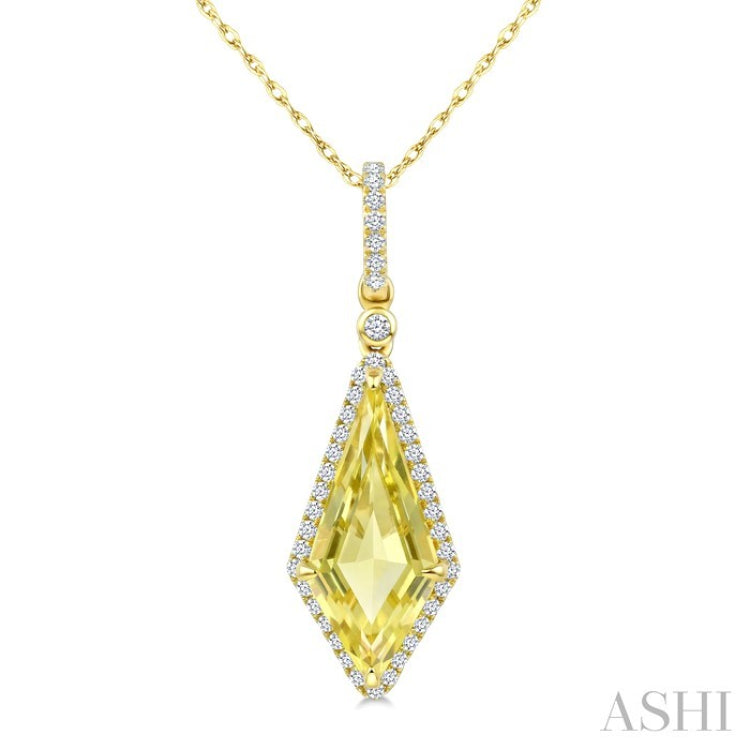 16X7 MM Kite Shape Lemon Quartz and 1/5 Ctw Round Cut Diamond Semi-Precious Pendant With Chain in 10K Yellow Gold