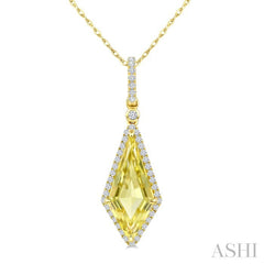 16X7 MM Kite Shape Lemon Quartz and 1/5 Ctw Round Cut Diamond Semi-Precious Pendant With Chain in 10K Yellow Gold