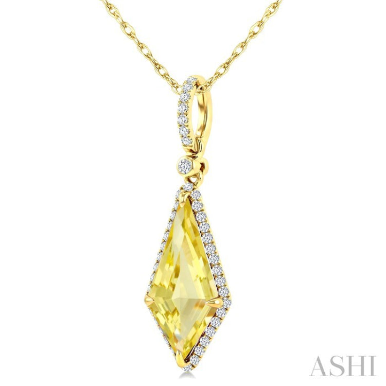 16X7 MM Kite Shape Lemon Quartz and 1/5 Ctw Round Cut Diamond Semi-Precious Pendant With Chain in 10K Yellow Gold