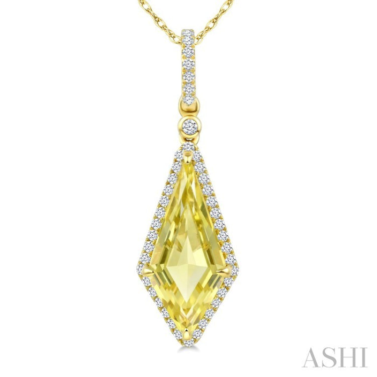 16X7 MM Kite Shape Lemon Quartz and 1/5 Ctw Round Cut Diamond Semi-Precious Pendant With Chain in 10K Yellow Gold