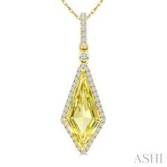 16X7 MM Kite Shape Lemon Quartz and 1/5 Ctw Round Cut Diamond Semi-Precious Pendant With Chain in 10K Yellow Gold