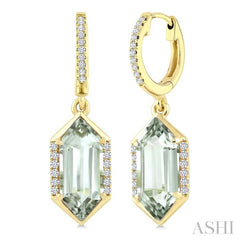 12X5 MM Hexagon Shape Green Amethyst and 1/5 Ctw Round Cut Diamond Semi-Precious Earrings in 10K Yellow Gold