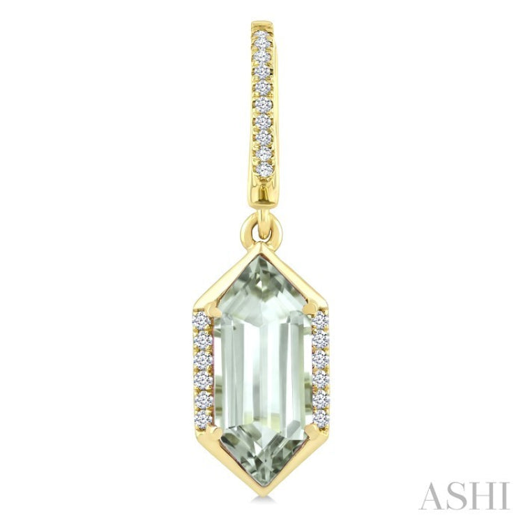 12X5 MM Hexagon Shape Green Amethyst and 1/5 Ctw Round Cut Diamond Semi-Precious Earrings in 10K Yellow Gold