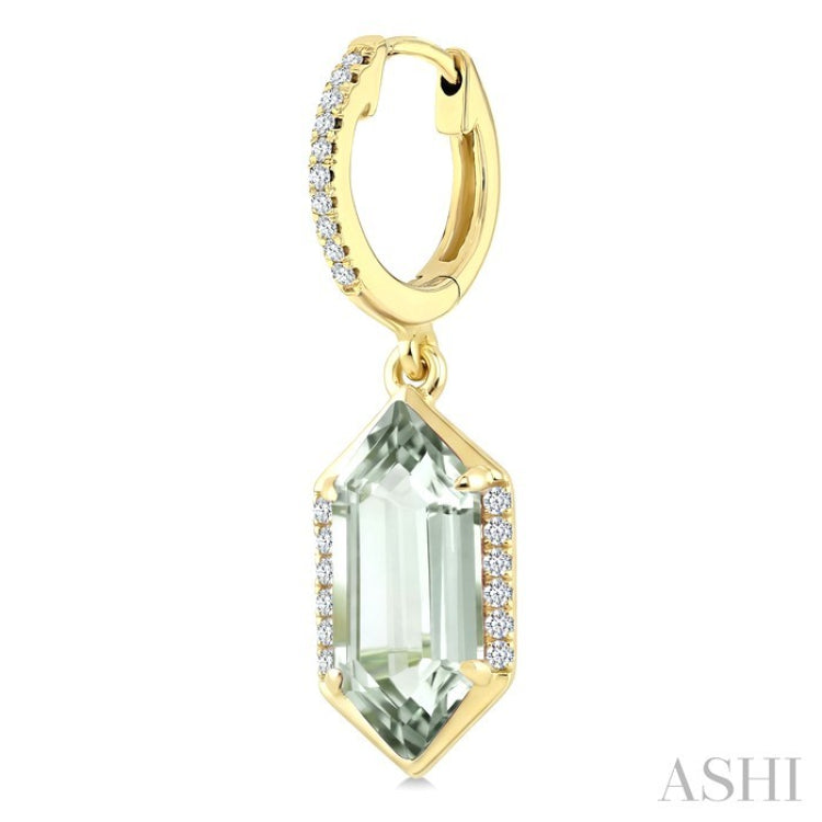 12X5 MM Hexagon Shape Green Amethyst and 1/5 Ctw Round Cut Diamond Semi-Precious Earrings in 10K Yellow Gold