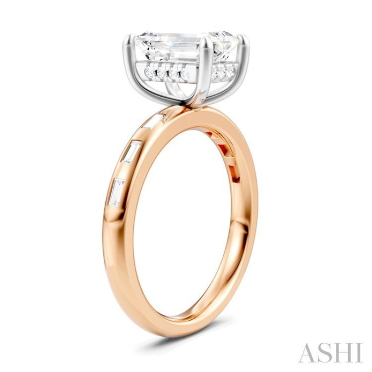 1/4 Ctw Emerald Shape Baguette and Round Cut Diamond Semi-Mount Engagement Ring in 14K Rose and White Gold