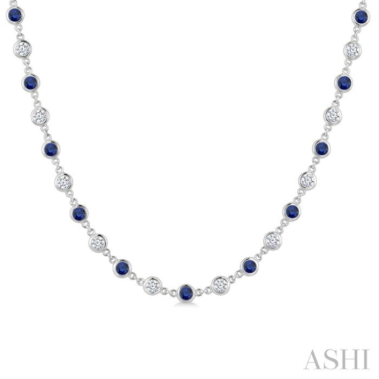2.85 MM Round Shape Sapphire and 2 5/8 Ctw Bezel Set Round Cut Diamond Precious Station Necklace in 14K White Gold