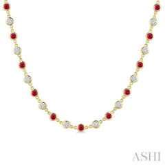 2.85 MM Round Shape Ruby and 2 5/8 Ctw Bezel Set Round Cut Diamond Precious Station Necklace in 14K Yellow Gold