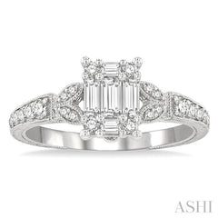 1/2 Ctw Carved Shank Fusion Baguette and Round Cut Diamond Engagement Ring in 14K White Gold