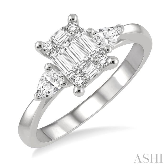 5/8 Ctw Fusion Pear Cut, Baguette and Round Cut Diamond Fashion Ring in 14K White Gold