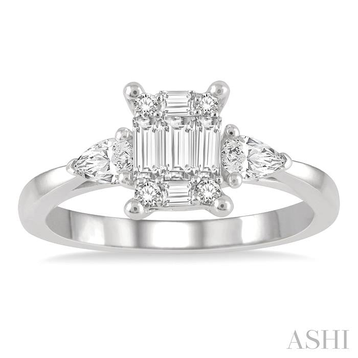 5/8 Ctw Fusion Pear Cut, Baguette and Round Cut Diamond Fashion Ring in 14K White Gold