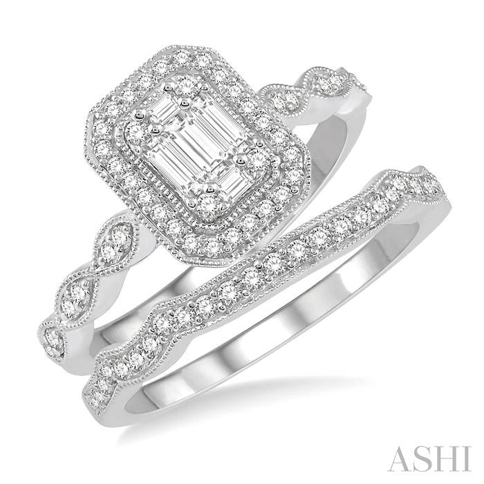 1/2 Ctw Emerald Shape Marquise Shank Baguette and Round Cut Diamond Bridal Set With 3/8 Ctw Engagement Ring and 1/6 Ctw Wedding Band in 14K White Gold