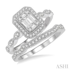 1/2 Ctw Emerald Shape Marquise Shank Baguette and Round Cut Diamond Bridal Set With 3/8 Ctw Engagement Ring and 1/6 Ctw Wedding Band in 14K White Gold