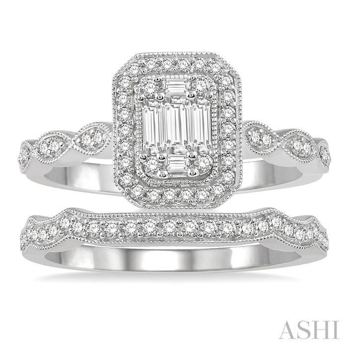 1/2 Ctw Emerald Shape Marquise Shank Baguette and Round Cut Diamond Bridal Set With 3/8 Ctw Engagement Ring and 1/6 Ctw Wedding Band in 14K White Gold